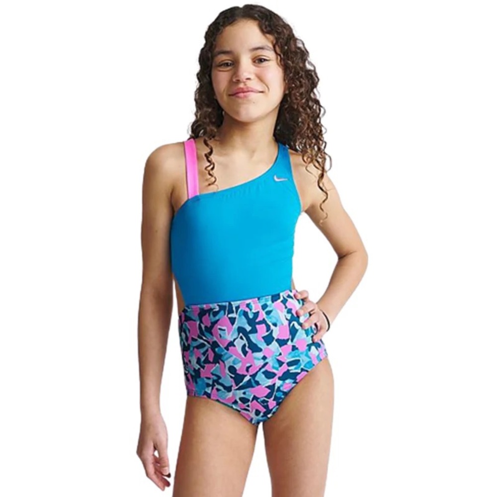 Nike Swim Girls Shred Camo Asymmetrical Monokini One-piece Swimsuit in Blue XL